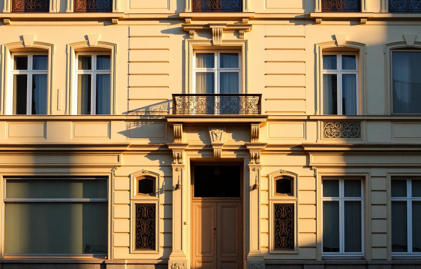 Façade haussmannienne parisienne au coucher du soleil